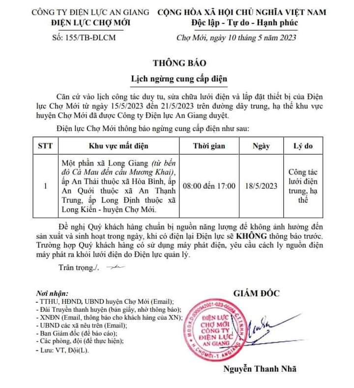 thông báo của công ty điện lực Chợ Mới