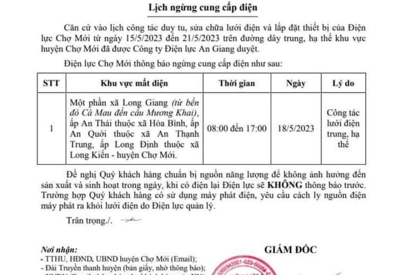 thông báo của công ty điện lực Chợ Mới