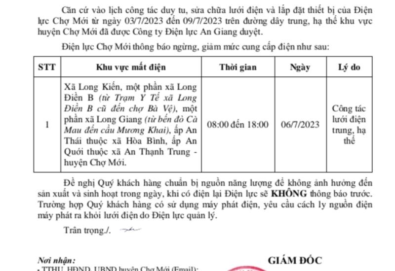 lịch ngừng, giảm mức cung cấp điẹn